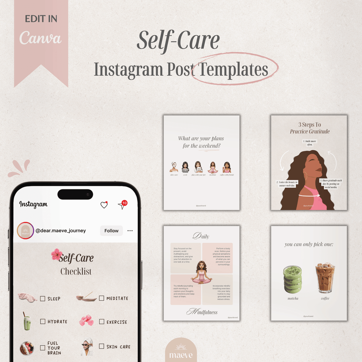 Self-Care Instagram Post Templates + 2 Bonus 🎀