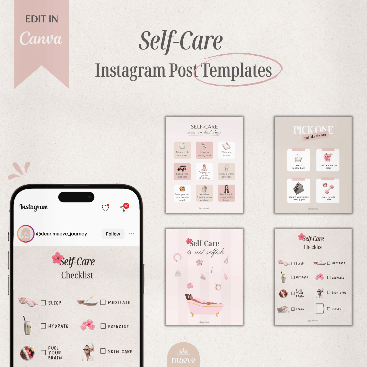 Self-Care Instagram Post Templates + 2 Bonus 🎀