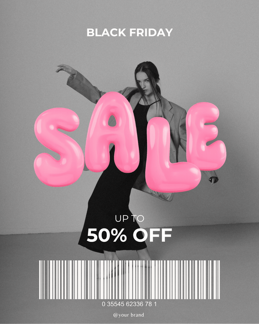 Black Friday sale social media template with bold pink sale text, fashion model, barcode, up to 50% off.