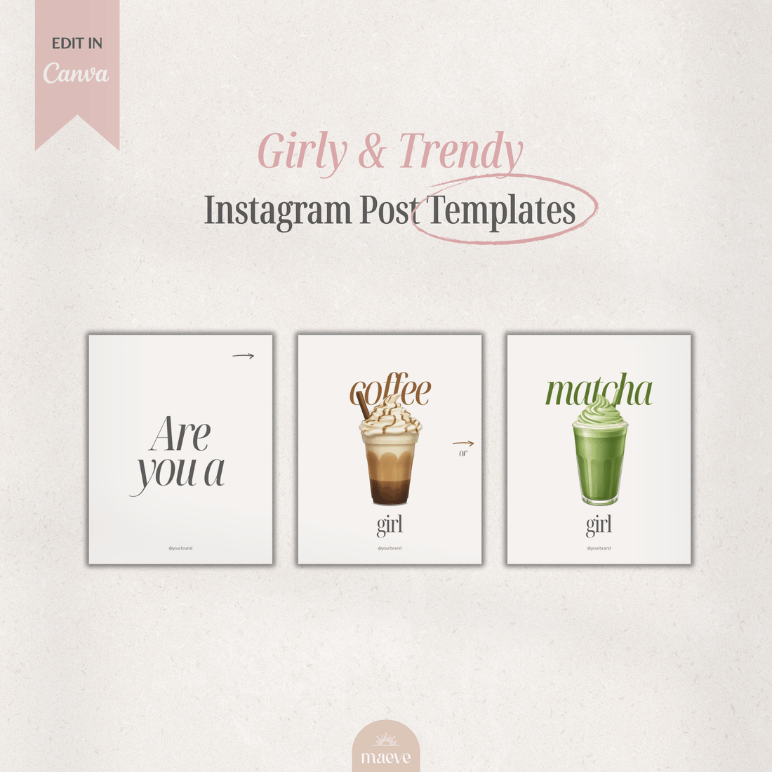 Girly and trendy Instagram post templates featuring coffee and matcha social media graphics