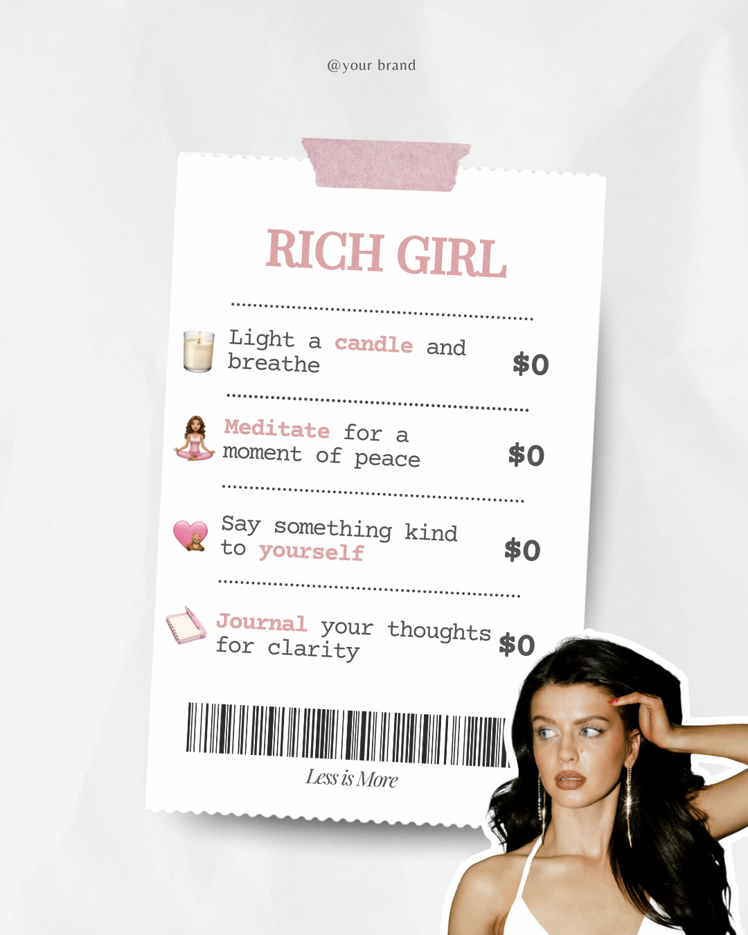 Social media Canva template showing a self-care checklist and a stylish woman cutout