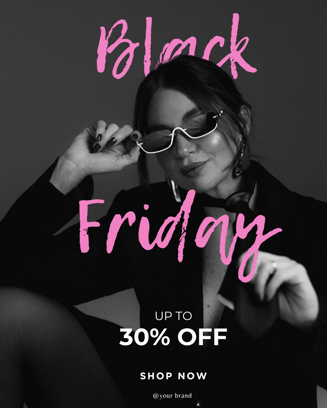 Stylish woman in sunglasses with Black Friday sale up to 30% off text overlay