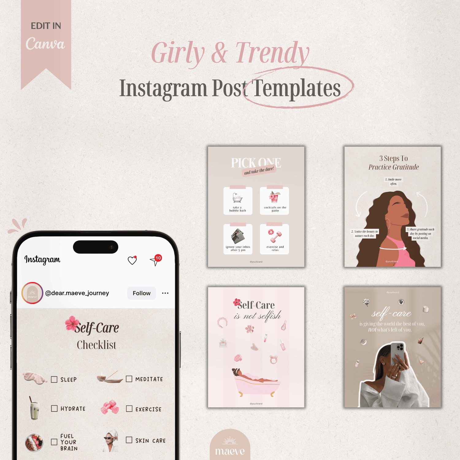 Girly trendy Instagram post templates for self-care and wellness, previewed in Canva.