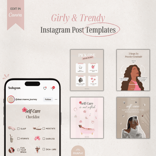 Girly trendy Instagram post templates for self-care and wellness, previewed in Canva.
