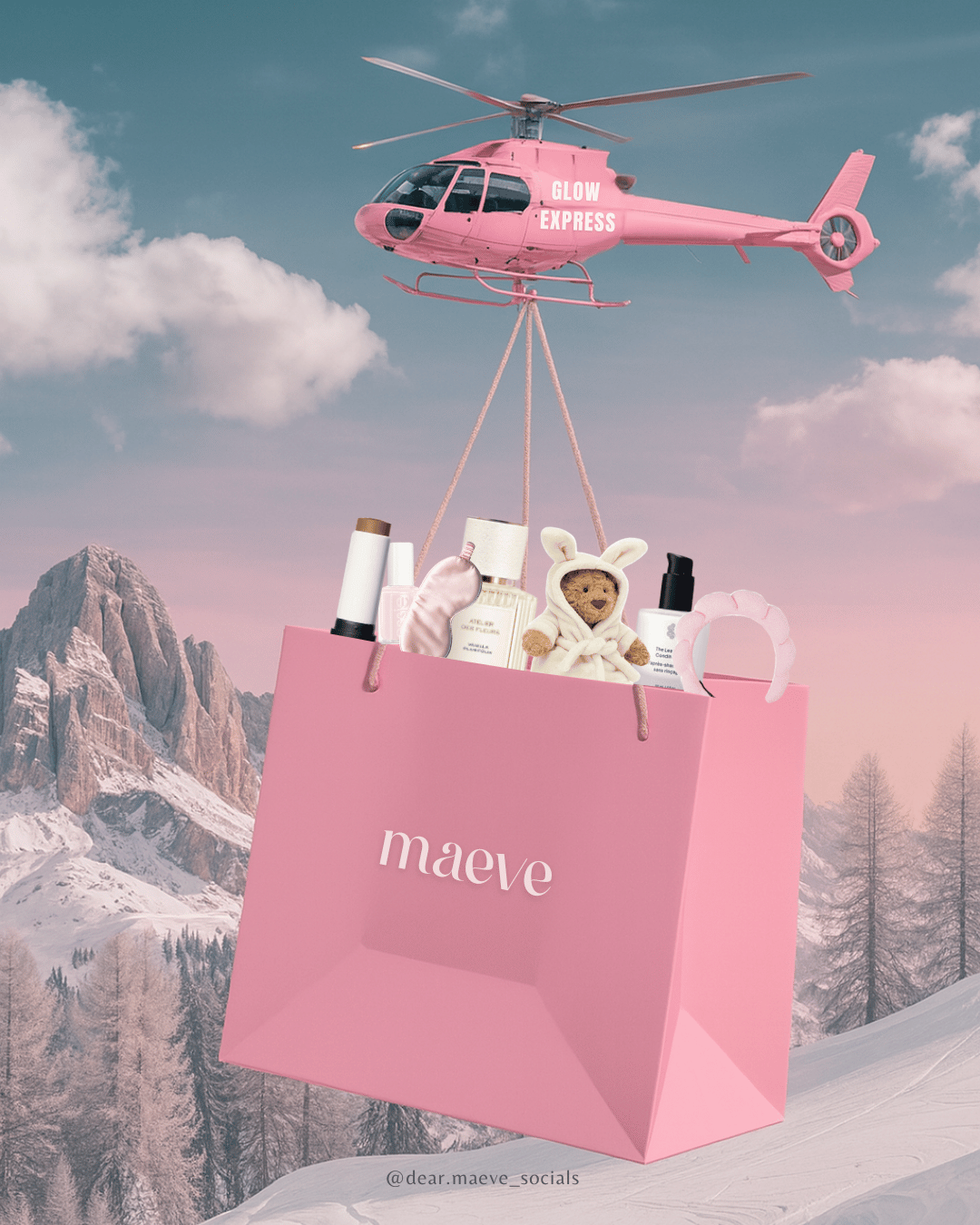 Pink helicopter labeled Glow Express carrying a pink gift bag with beauty products over snowy mountains