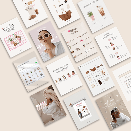 Flat lay of neutral social media Canva templates featuring self-care, shopping, and lifestyle themes.