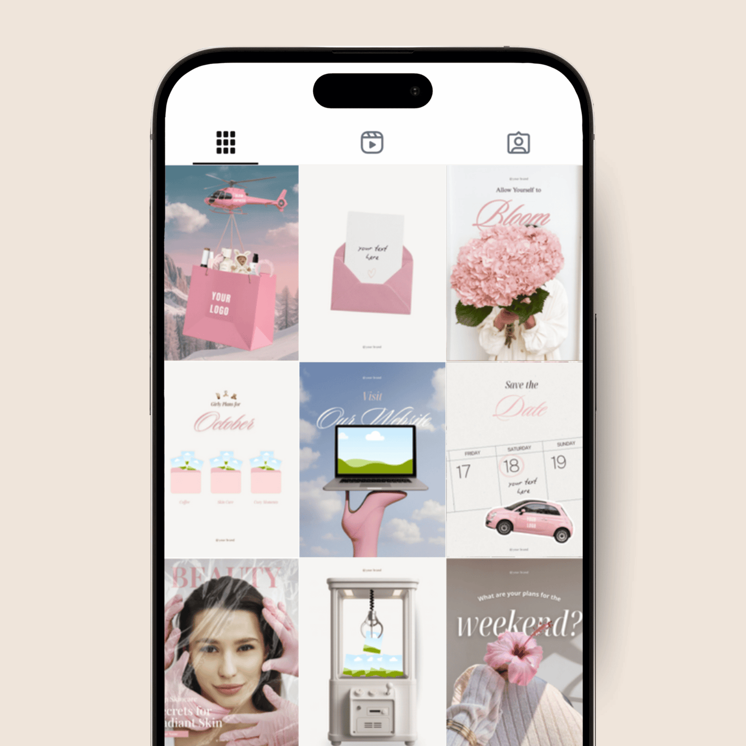 Smartphone screen displaying pastel Instagram Canva social media templates with floral and lifestyle themes.