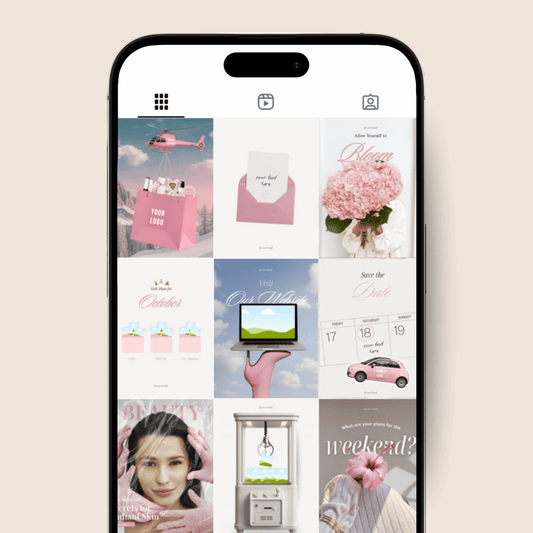 Smartphone screen displaying pastel Instagram Canva social media templates with floral and lifestyle themes.