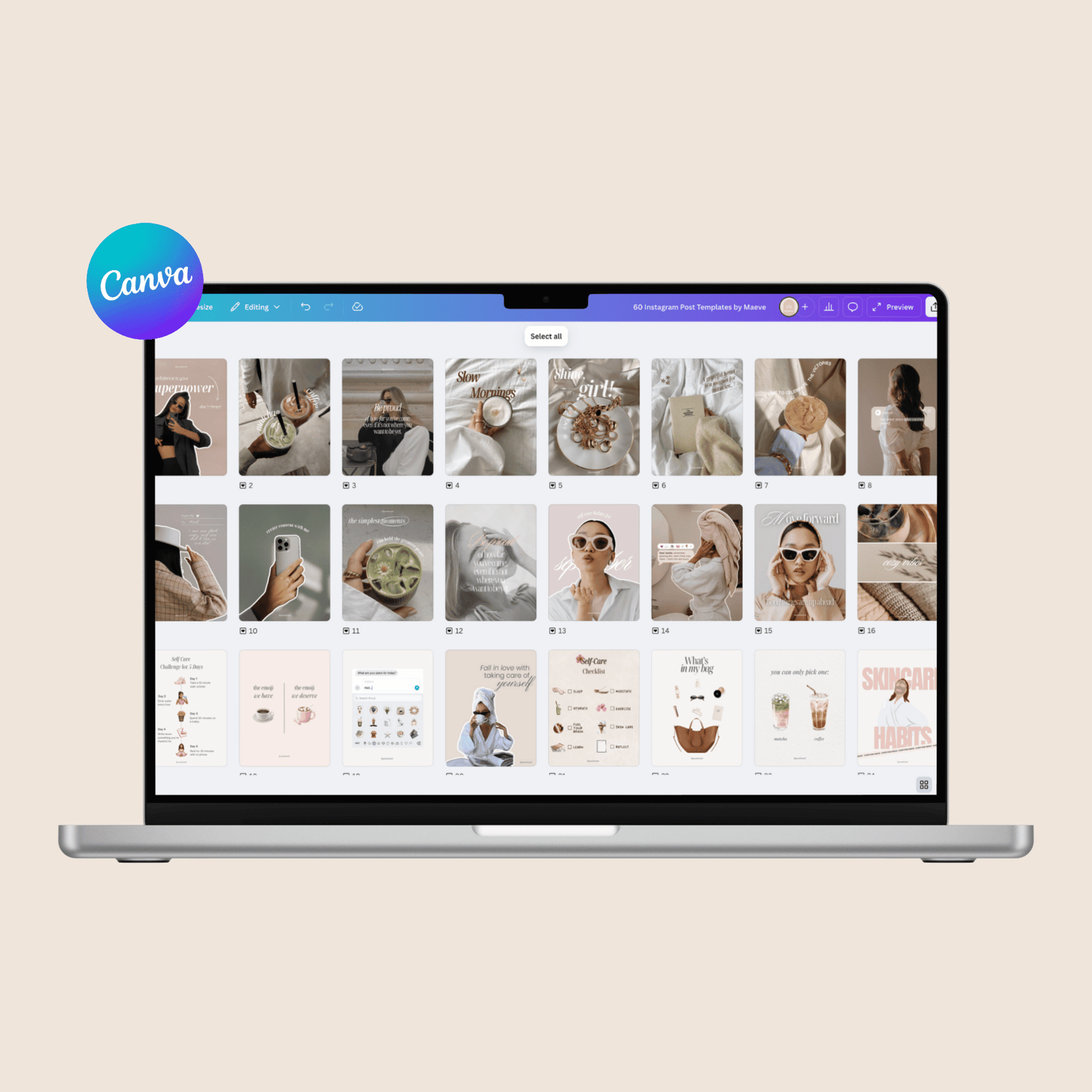 Laptop displaying social media Canva templates for Instagram posts with lifestyle images.