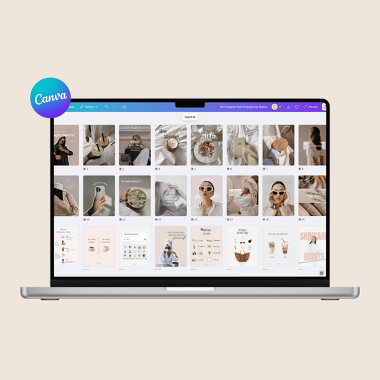 Laptop displaying social media Canva templates for Instagram posts with lifestyle images.