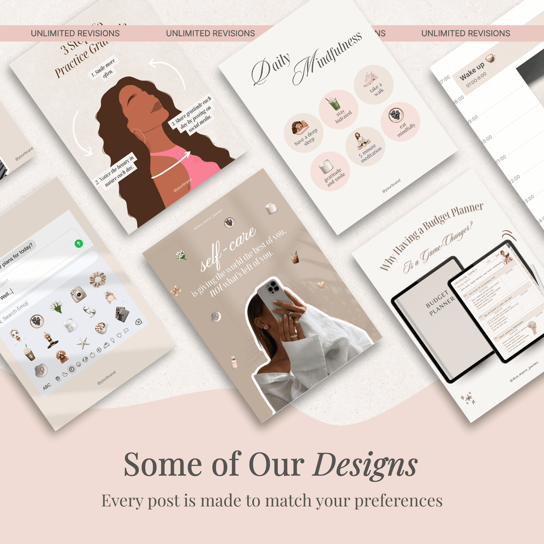 Collage of aesthetic social media Canva templates featuring self-care, mindfulness, and planners