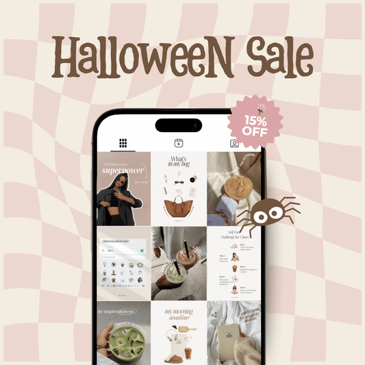 Halloween sale banner with mobile phone showing social media Canva templates, 15% off badge, and cartoon spider