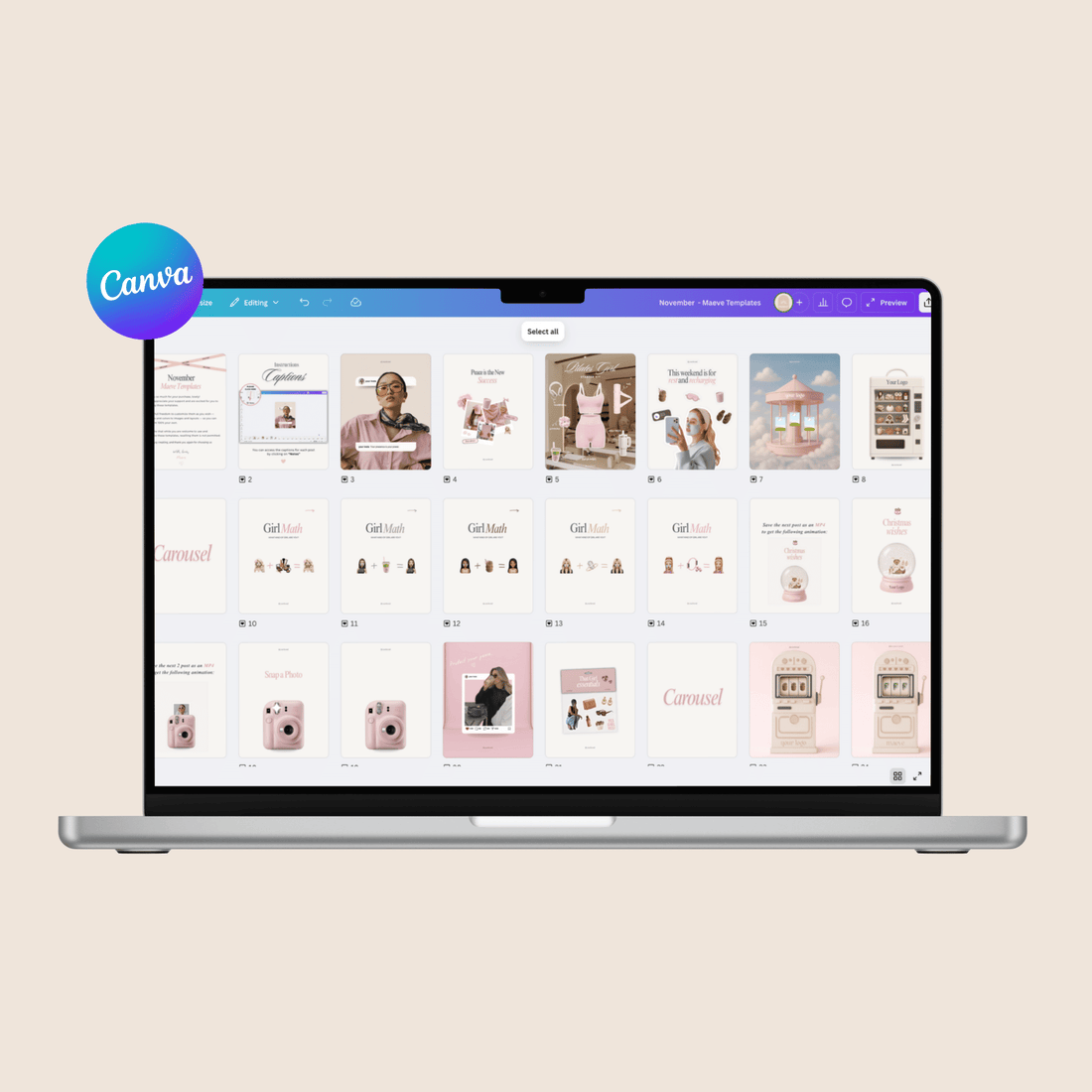 Laptop screen displaying pastel pink Canva social media templates with a Canva logo
