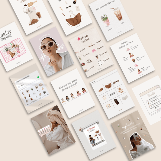 Flat lay of beige and brown social media Canva templates featuring self-care, lifestyle, and shopping graphics.