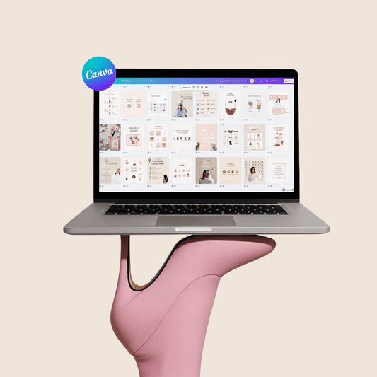 Laptop with Canva open displaying social media templates, balanced on a leg in a pink shoe.