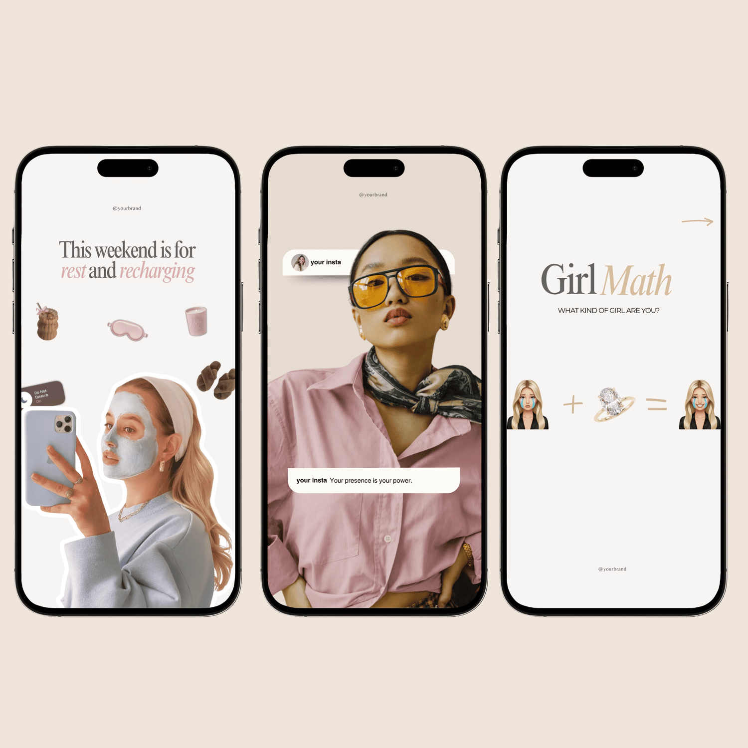 Three iPhones displaying trendy Canva social media templates with women, text, and lifestyle graphics.