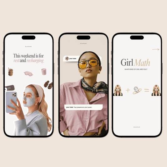Three iPhones displaying trendy Canva social media templates with women, text, and lifestyle graphics.